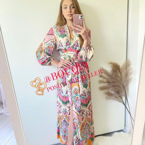 BLOGGERS FAV ZARA MULTICOLORED PRINTED WRAP KIMONO DRESS - Picture 4 of 7